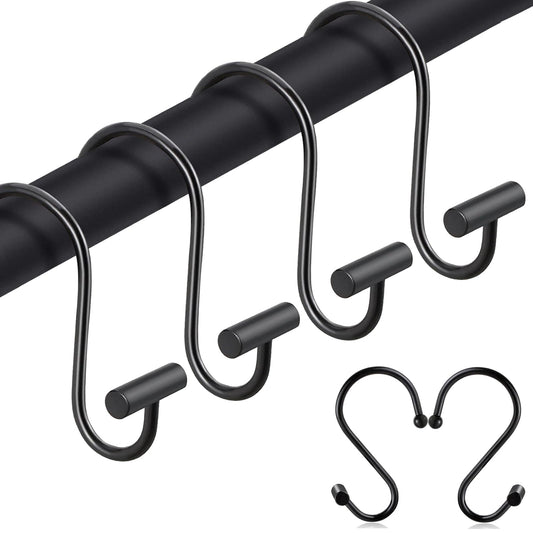 Black Shower Curtain Hooks S Hooks for Hanging Shower Hooks 12 Pack Metal Rustproof Rings with T-Bar Design, Elegant & Durable, Easy to Install for Bathroom, Kitchen, or Wardrobe Rods Curtain Rings BST220