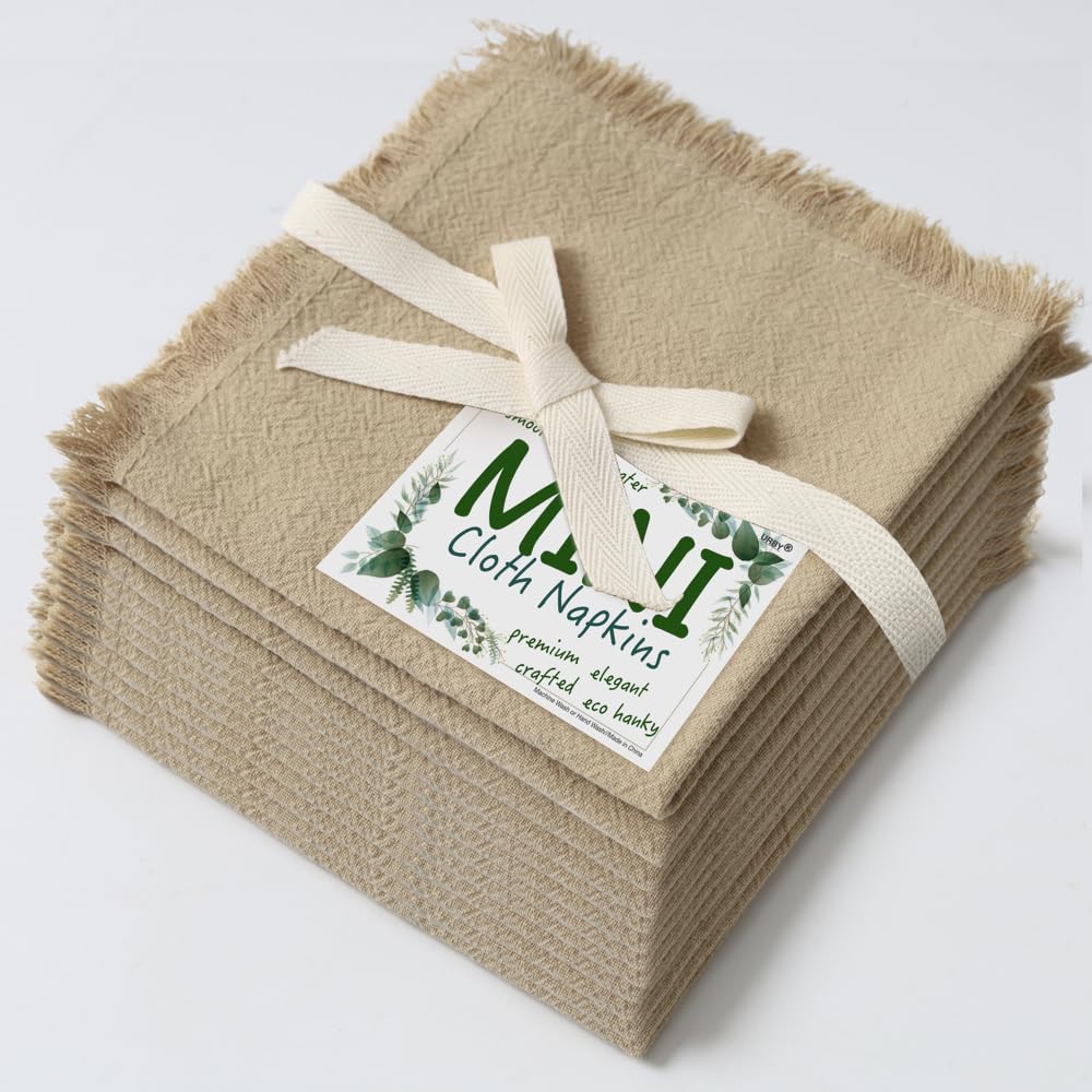 Eco Hanky 10x10in Reusable Small Cotton Napkins (Rustic Fringe), LPK,6pk | Ideal for Kids Napkins for Lunch, Suitable for Dinners, Weddings, Birthday, Cocktail Parties BST220