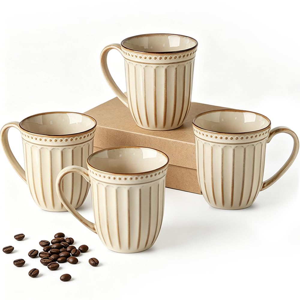 HASENSE Textured Large Coffee Mugs Set of 4, 16 Oz Ribbed Ceramic Cups with Large Handle for Latte Tea Cappuccino, Stackable Embossed Mug Set for Mom Dad, Microwave Dishwasher Safe, Creamy White BST220