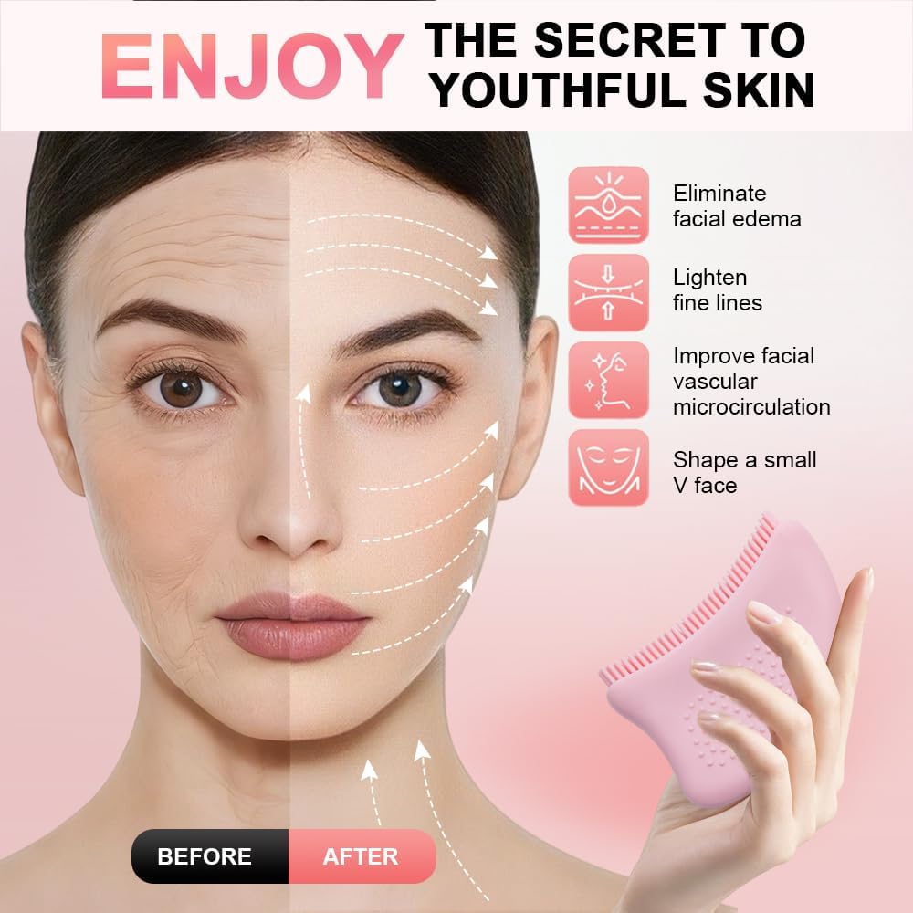 Lymphatic Contour Face Brush, Silicone Pink Facial Drainage Massage Tool for Face Neck Chin Lifting, Anti-Aging Skin Care Device (1 Pcs) WN420