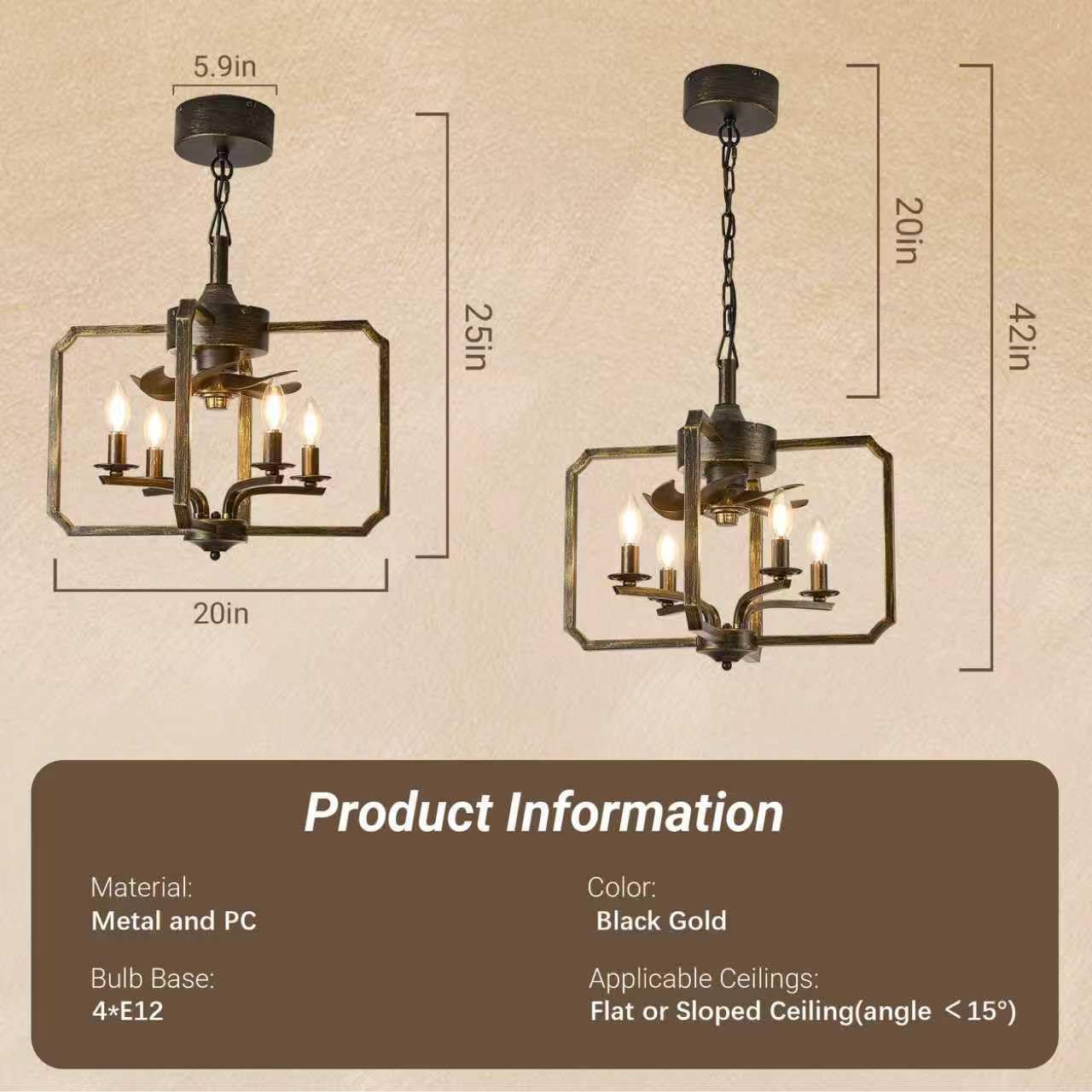 Chandelier Ceiling Fan, 20" Farmhouse Fandelier Ceiling Fans with Lights 46