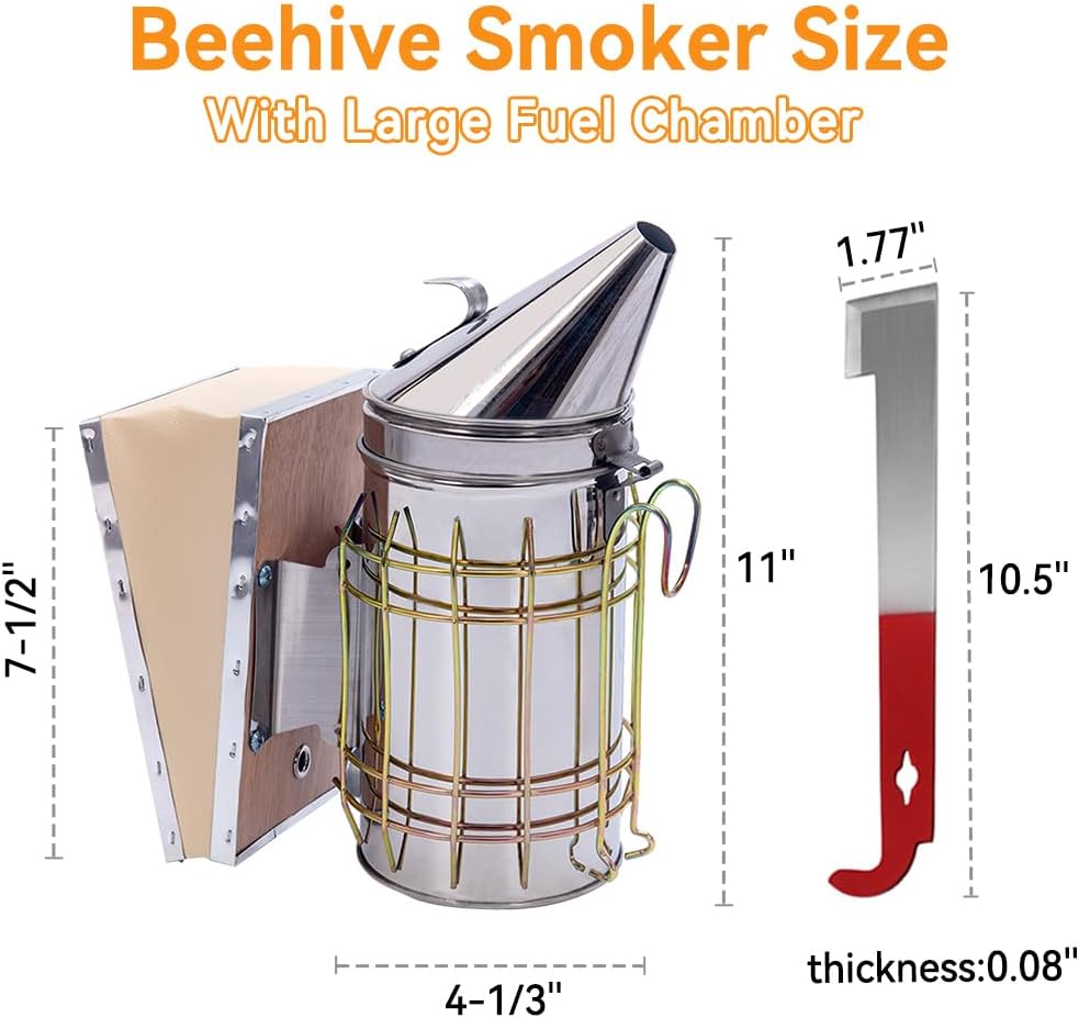 POLLIBEE Bee Smoker Stainless Steel Smoker Kit with Heat Shield Bee Hive Tool J Hook Beekeeping Supplies and Beekeeper Tool Set WN420
