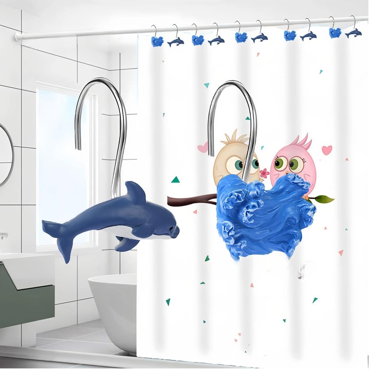 12 Pcs Ocean Themed Dolphin Shower Curtain Hooks, Rustproof Metal Rings for Bathroom, Cute Dolphin Bathroom Decor Set for Baby Room & Living Room (Ocean) BST326L