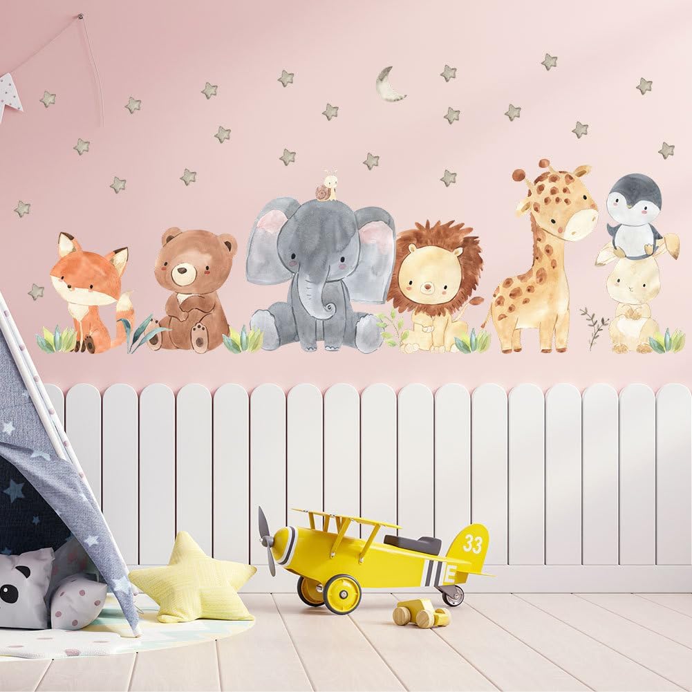 Forest Baby Animals Wall Decals Stars Elephant Lion Giraffe Fox Bear Safari Wall Stickers Baby Nursery Kids Room Living Room Daycare Wall Decor Art 51.2in*19.7in BST220