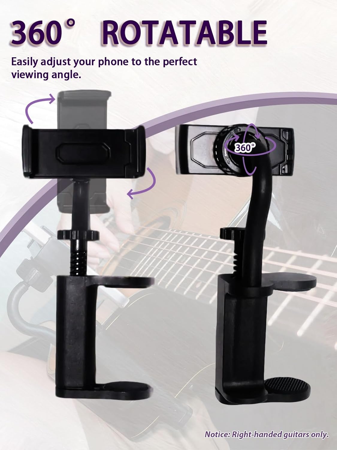 Guitar Phone Holder, Digital Sheet Music holder, Phone Clip Mount Fit for 6-10cm Thick Guitars& Ukulele, Practical Guitar Accessories for Watching Tutorials & Tabs While Playing, Easy Setup WN420