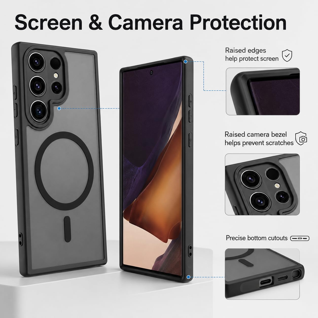 Anti-Fingerprints for Samsung Galaxy S23 Ultra Case Magnetic,[Full Camera Protection] [Compatible with Magsafe Accessories] Frosted Back Cover for Galaxy S23 Ultra 6.8", Black WN420