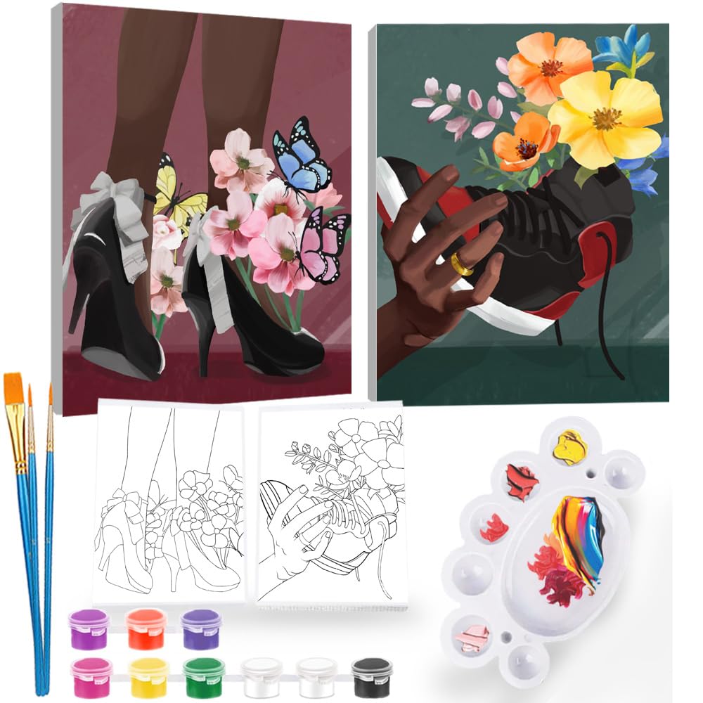 2Pcs Sip and Paint Kit for Adults,Valentines Couple Painting Kit Supplies Canvas, Pre Drawn Canvas to Paint for Date Night for Couples DIY Acrylic Painting Kits Party Favor 8×10 WN420