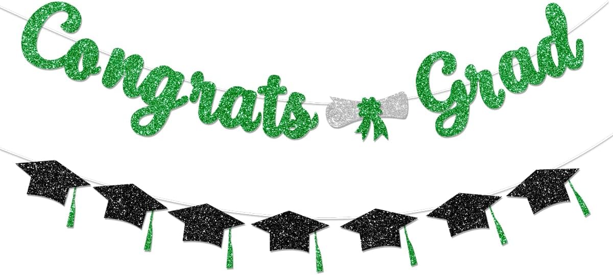 Glitter Green Congrats Grad Decorations Banner Pre-Strung Graduation Decorations Class of 2026 Banner Green and Black Congrats Grad with Tassel Decor College High School Graduation Party Favors no DIY BST220
