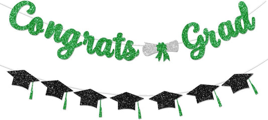 Glitter Green Congrats Grad Decorations Banner Pre-Strung Graduation Decorations Class of 2026 Banner Green and Black Congrats Grad with Tassel Decor College High School Graduation Party Favors no DIY BST220