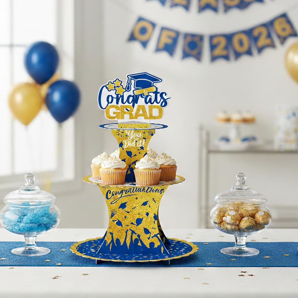 Graduation Cupcake Stand Decoration, 3 Tier Congrats Grad Party Cupcake Holder Tower, Cardboard Grad Theme Dessert Cookies Stand for Graduation Party Supplies Favors (Black & Gold) BST220