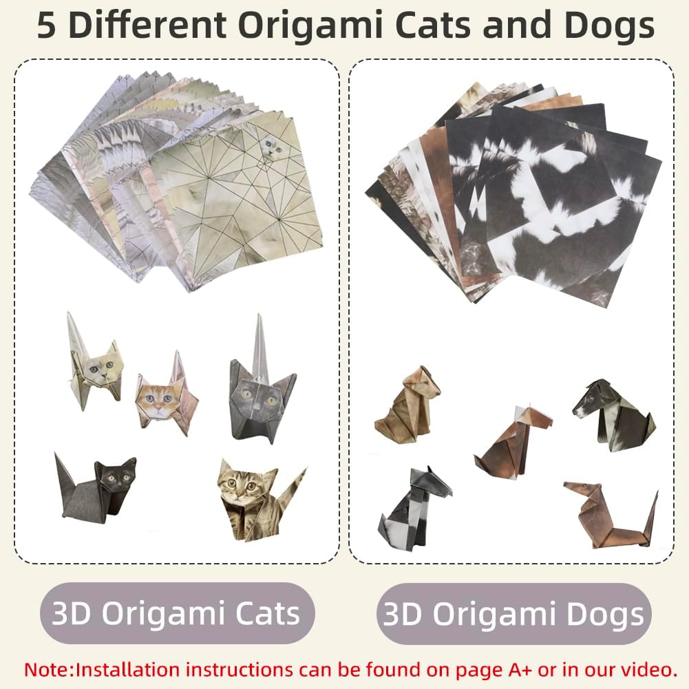 Origami Kit Cats and Dogs, 100 Sheets Diy Paper Cats Kit, Paper Dogs Origami for Kids & Adults,Desk Decoration & Gift for Pet Lovers (Cat 50pcs+ Dog 50pcs) WN420