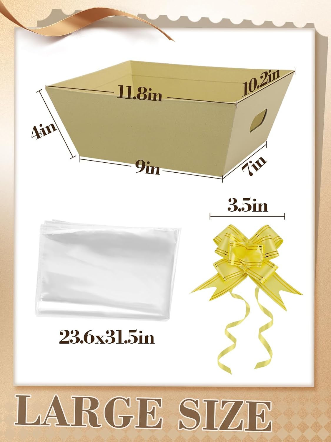 Beeplove 6 Sets Large Thick Kraft Baskets for Gifts Empty - Gift Baskets Empty Kit with Cellophane Wrap and Pull Bows for Easter Wedding Birthday Bridesmaid Baby Shower, Yellow WN420