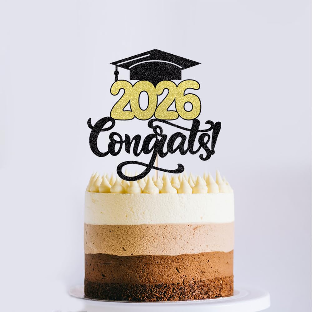 24Pcs Graduation Cupcake Topper, Glitter Class of 2026 Cupcake Topper Supplies for 2026 Congrats Grad Cap Diploma Cake Decor Graduate Celebration Party Cake Decorations Supplies (Black - 24) BST326L