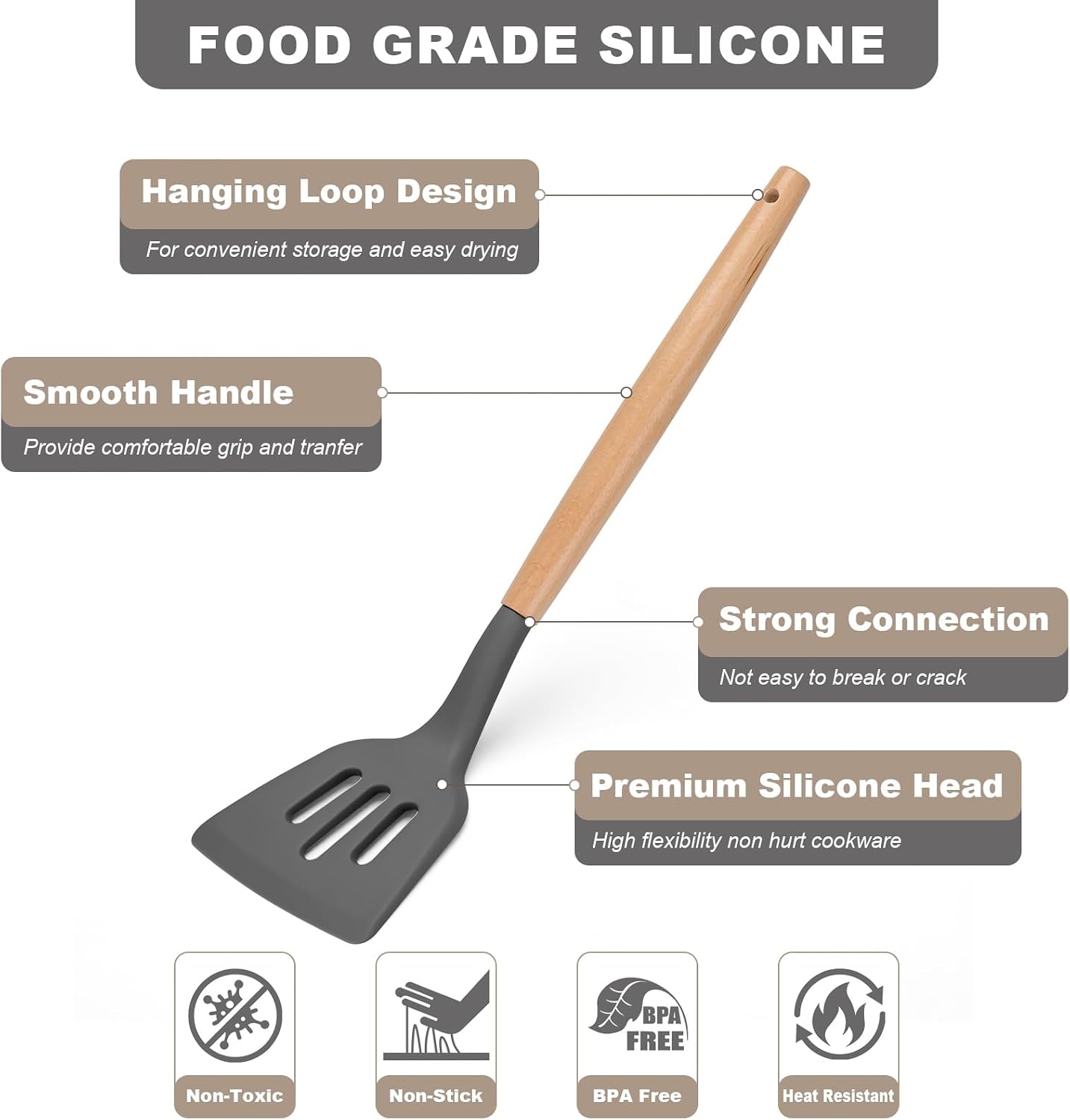 Silicone Kitchen Utensils Set, 22 PCS Silicone Cooking Utensils Set with Wooden Handle, BPA Free, Food Grade Non Stick Coating Spatulas Kitchen Utensils (Grey) BST202