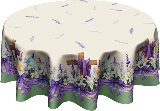 Easter Tablecloth Spring Flowers Round Tablecloth 60 Inch He is Risen Table Cloth for Farmhouse Kitchen Decor Polyester Fabric Easter Purple and Green Table Cover for Holiday Party Outdoor Camping BST326H