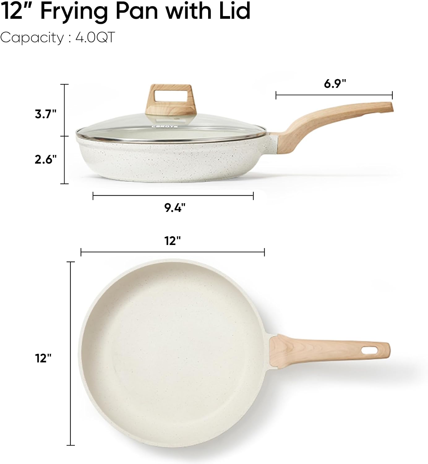 CAROTE Non Stick Frying Pan, 12 Inch Cream White Skillet with Glass Lid | Non Toxic Kitchen Healthy Cookware, Compatible with All Stovetop, Easy to Clean, PFOA Free BST202