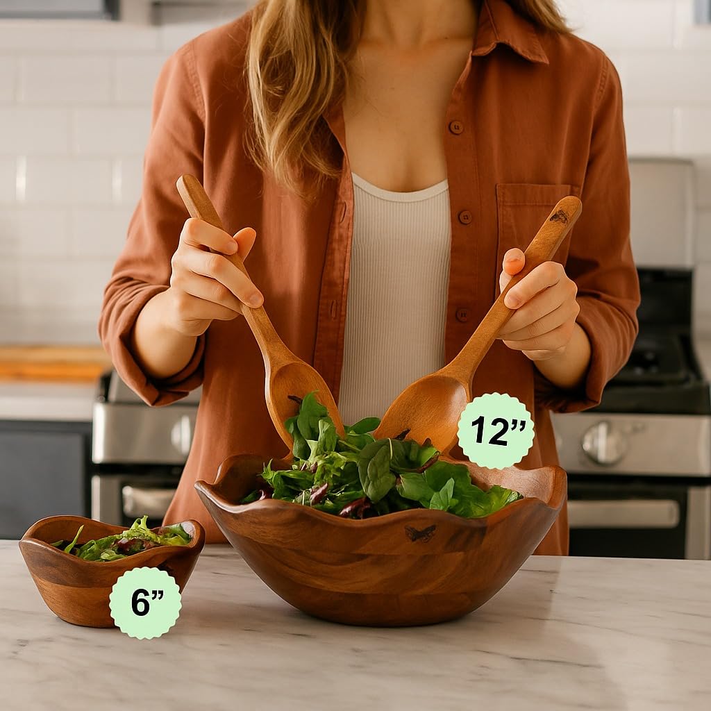 Melvvi Large Wooden Salad Bowl Set with 2 Serving Utensils | 12" Acacia Wood Bowls for Food | Great Mothers Day gift (Natural Set of 3) BST220