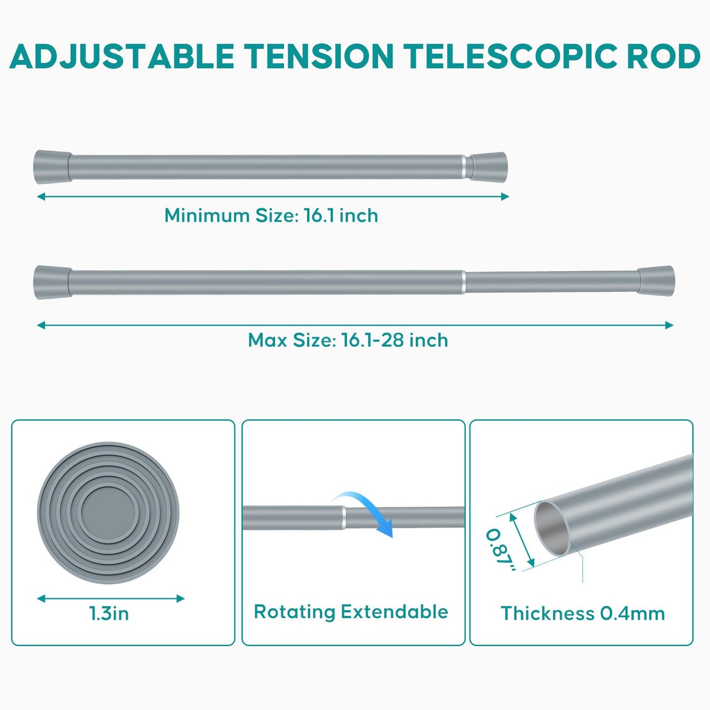 Silver Grey Adjustable Shower Curtain Rod 28-52 Inches 1pc, 7/8" Diameter Anti-slip Heavy Duty Tension Spring Curtain Rod No Drill for Windows Bathroom Kitchen Closet Doorway 22TD28-52SL BST202