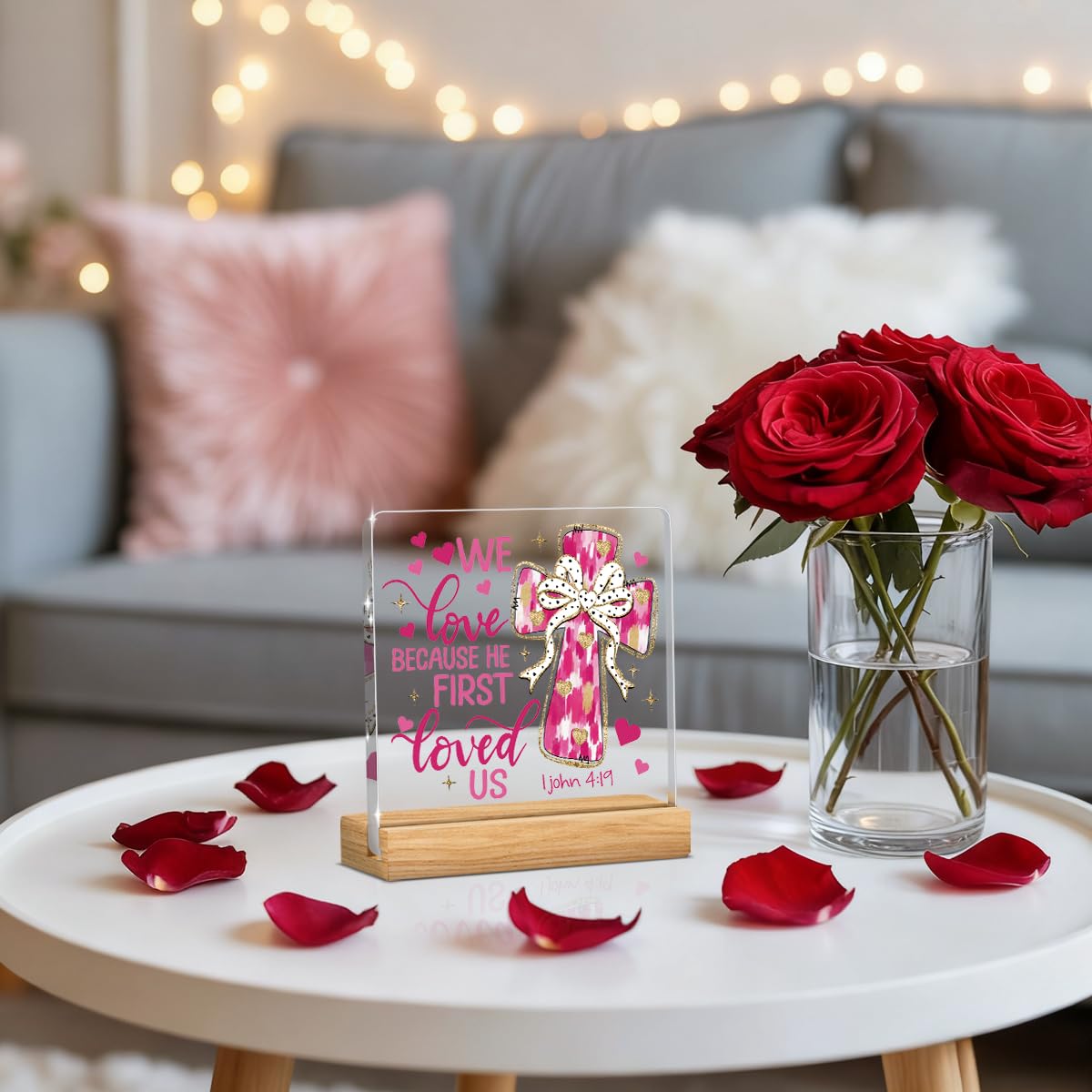 Valentines Day Decorations, Valentines Day Gifts for Her Him, Gift for Boyfriend Girlfriend Husband Wife, John 3:16 Pink Lover Bow Christian Acrylic Sign with Wooden Stand, Bedroom Office Desk Decor