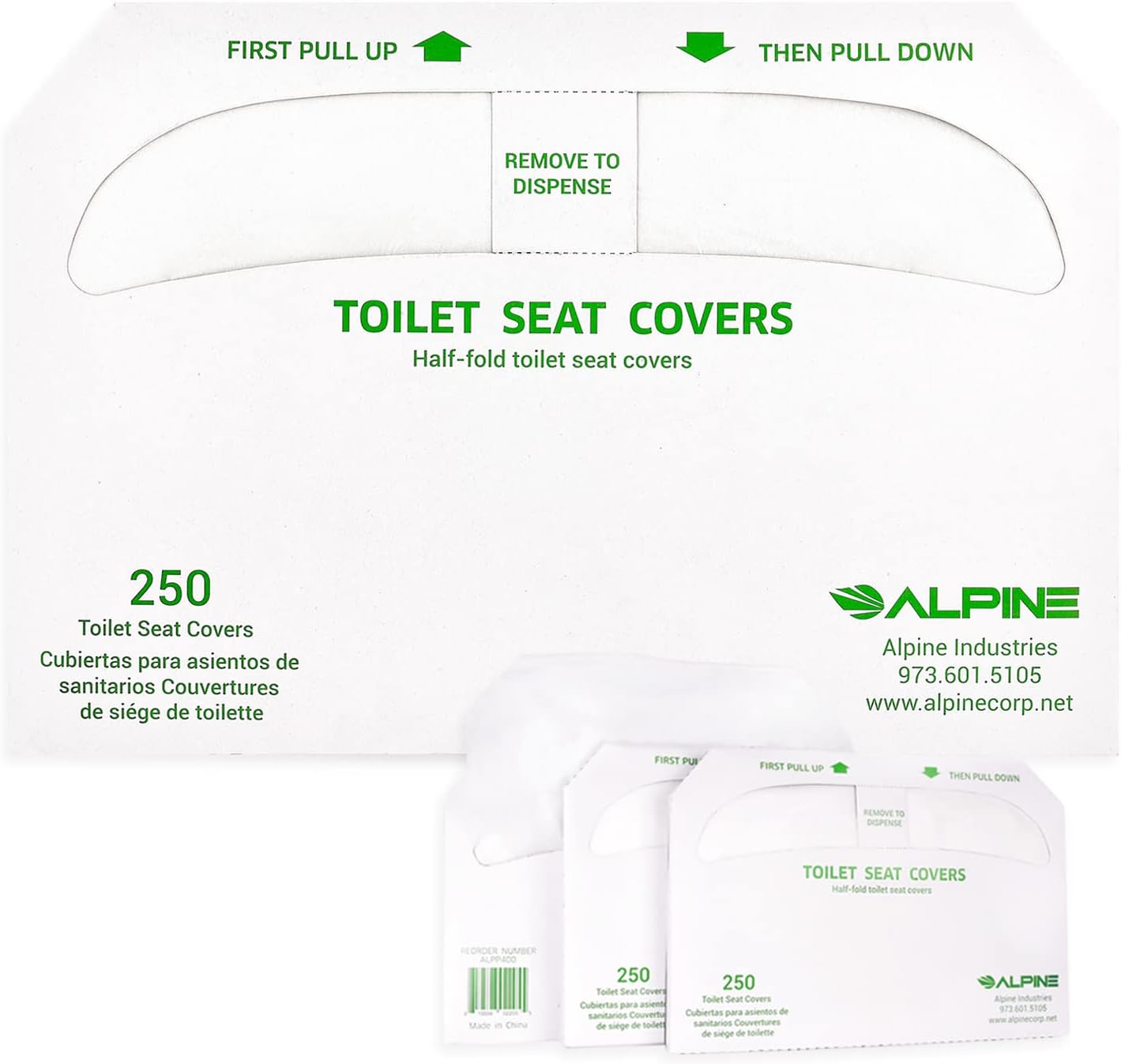 Alpine Industries Flushable Disposable Toilet Seat Covers for Public Bathroom - 250 Sheets Per Box - 3 Boxes - 750 Sheets