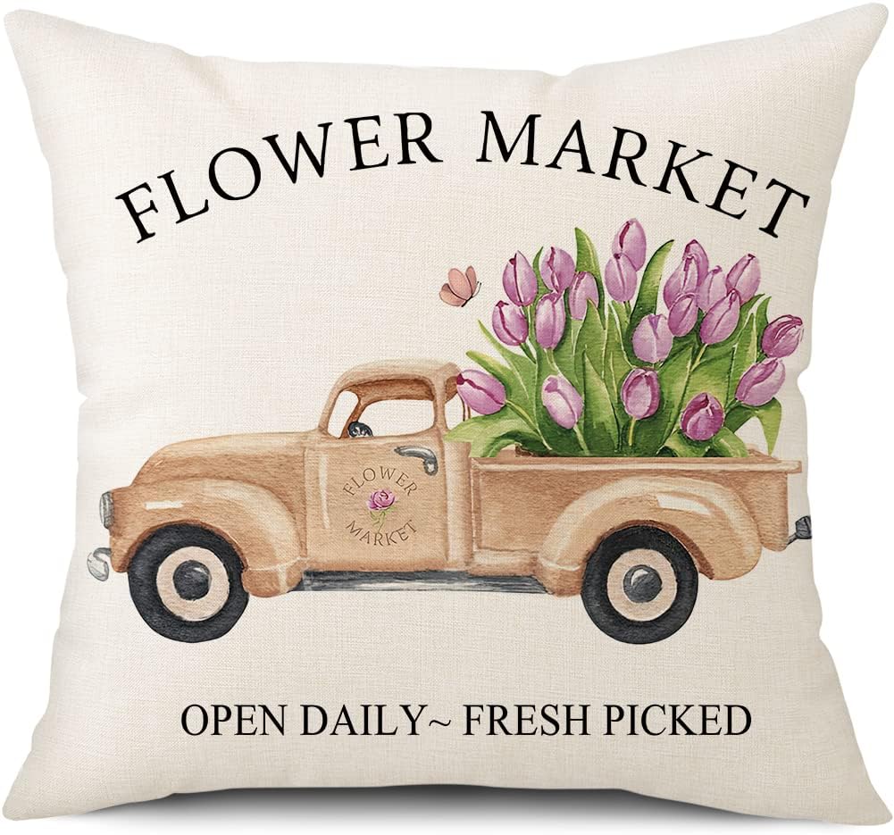 Spring Easter Pillow Covers 18x18 Set of 2 Rabbit Bunny Carrot Truck Spring Flowers Decorative Throw Pillow Covers for Home Office Sofa Bed Couch BST326L