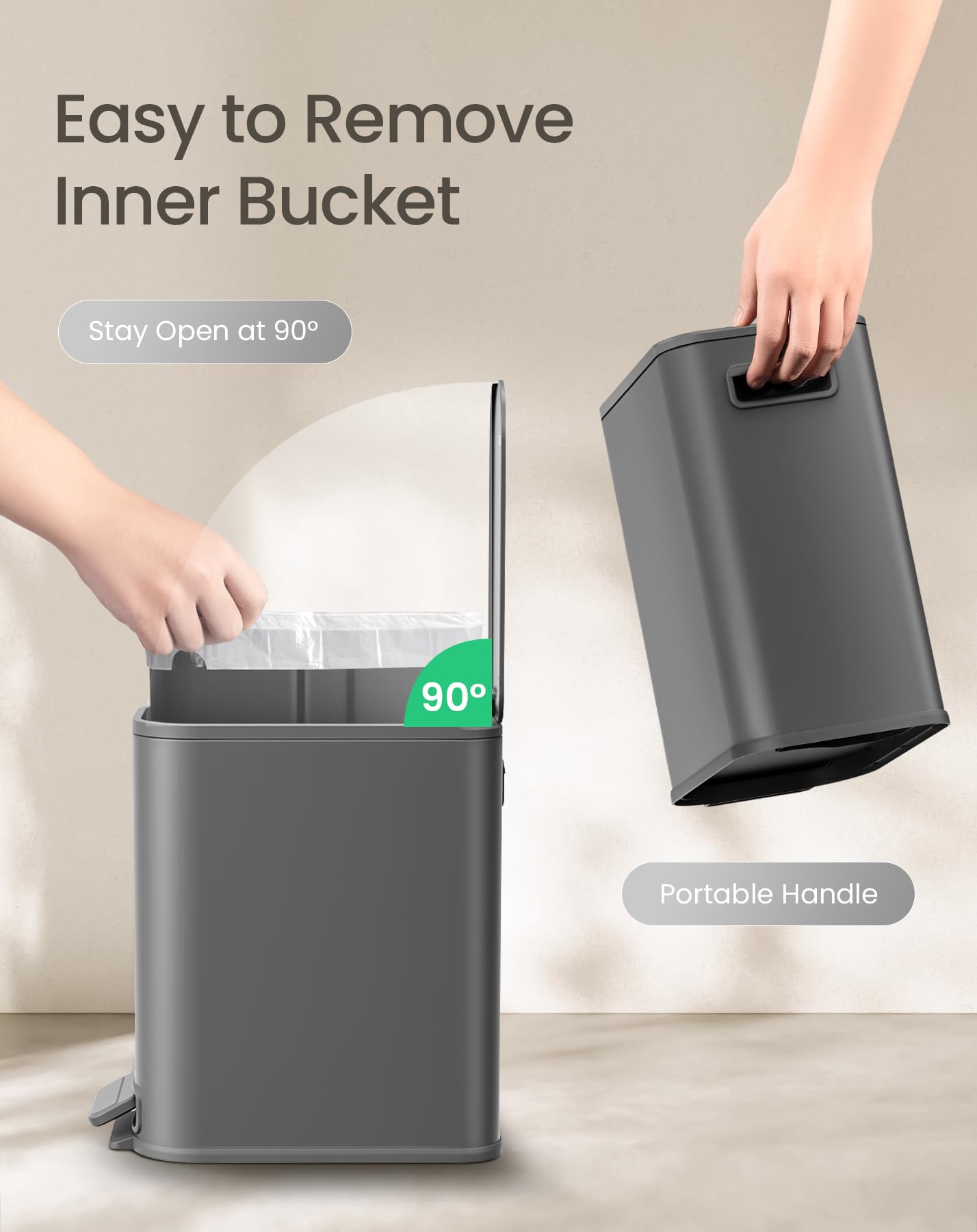 Cesun Small Bathroom Trash Can with Lid Soft Close, Step Pedal, 5 Liter / 1.3 Gallon Stainless Steel Garbage Can with Removable Inner Bucket, Waste Basket for Bathroom, Bedroom (White) DD1210
