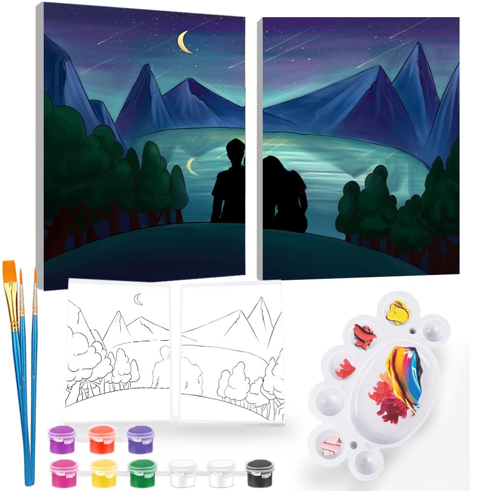 2Pcs Sip and Paint Kit for Adults,Valentines Couple Painting Kit Supplies Canvas, Pre Drawn Canvas to Paint for Date Night for Couples DIY Acrylic Painting Kits Party Favor 8×10 WN420