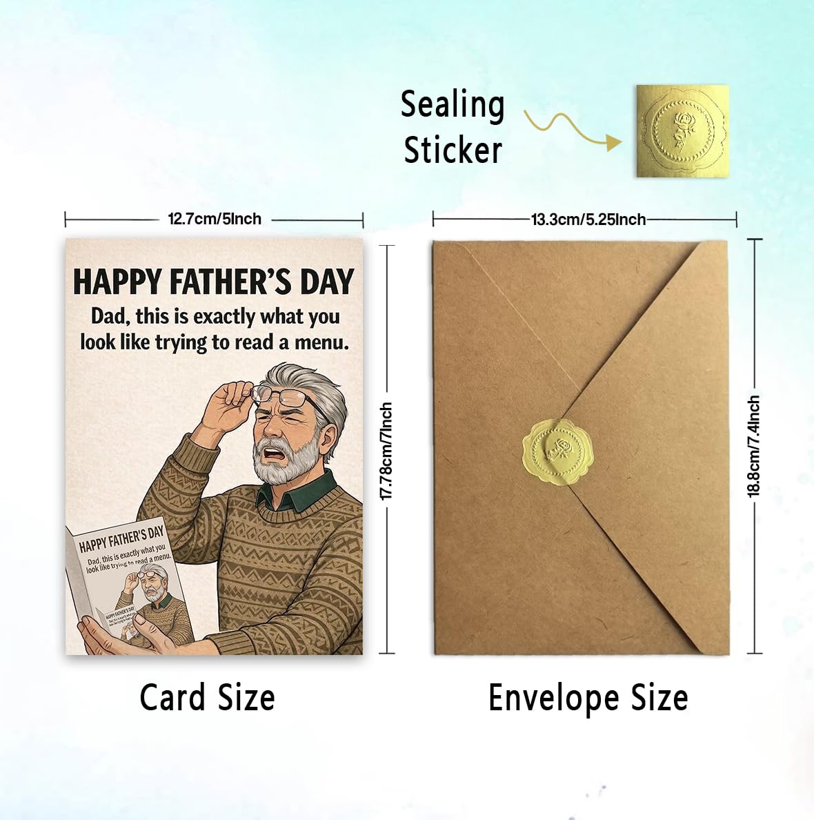 Funny Fathers Day Card for Dad, Fathers Day Gift from Daughter or Son, Blank Inside, with Kraft Envelope and Gold Seal Sticker BST220