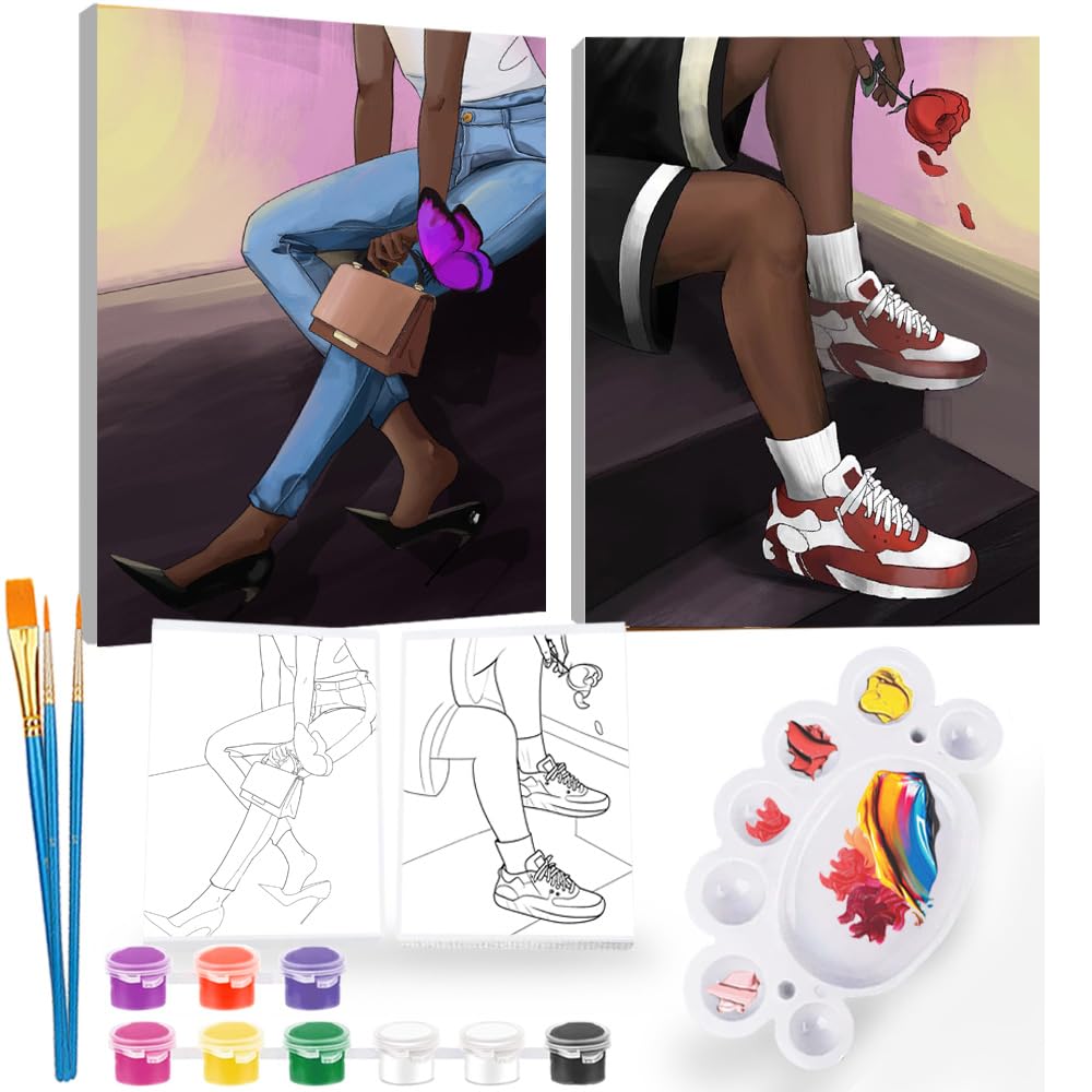 2Pcs Sip and Paint Kit for Adults,Valentines Couple Painting Kit Supplies Canvas, Pre Drawn Canvas to Paint for Date Night for Couples DIY Acrylic Painting Kits Party Favor 8×10 WN420