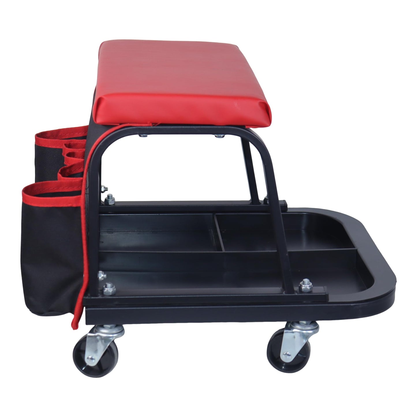 Rolling Mechanic Garage Stool on Wheels with Padded Cushion, Tool Tray Storage and Side Pockets, 300 LBS Capacity, Red BST220