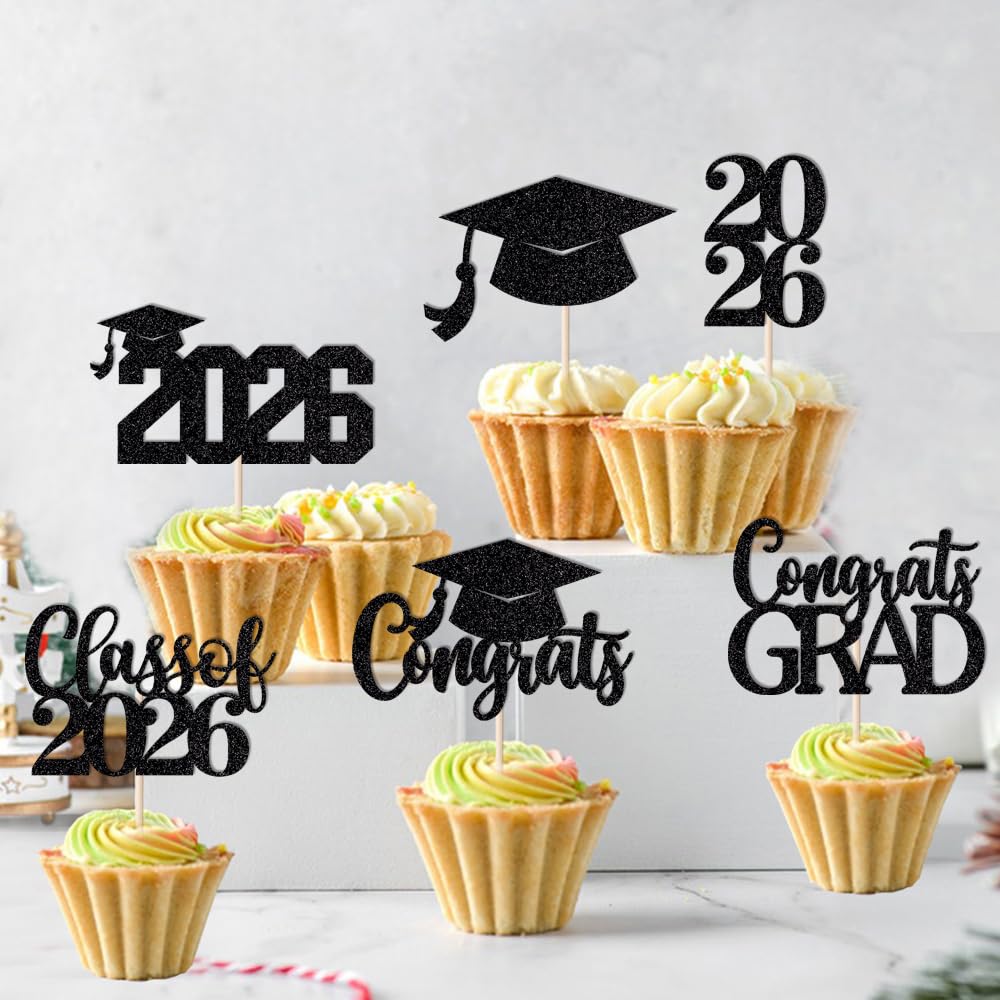 24Pcs Graduation Cupcake Topper, Glitter Class of 2026 Cupcake Topper Supplies for 2026 Congrats Grad Cap Diploma Cake Decor Graduate Celebration Party Cake Decorations Supplies (Black - 24) BST326L