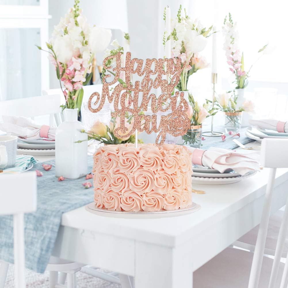 Happy Mother's Day Cake Topper - Rose Gold Glitter Cake Decorations I Love Mom Thanks Mom Home Celebrate Party Decor centerpiece Mothers Day Gift(DOUBLE-SIDED Paper) BST326L