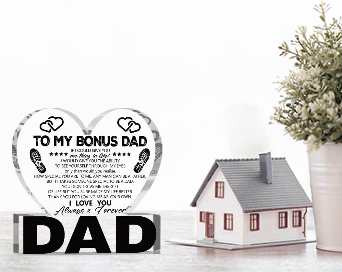 Fathers Day Bonus Dad Gifts Best Stepdad Gifts from Stepdaughter Stepson Funny Birthday Gift for Stepfather Heart Acrylic Sign Decor 4 X 4 Inches BST202