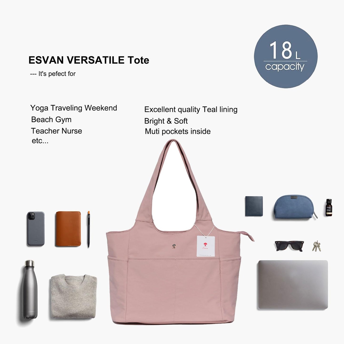 ESVAN Yoga Tote Bag Mat bag Women Shoulder Bags Carryall Tote for Travel Office Workout Gym Nurse Beach BST326H