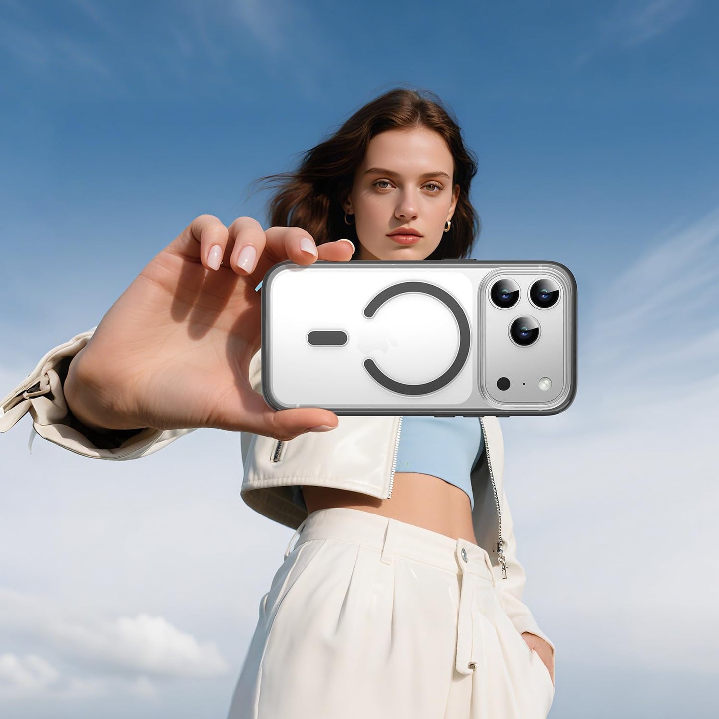 PULOKA for iPhone Case Compatible with Magsafe, Color Bumper & Clear TPU Back Hybrid Shockproof Cover (White, iPhone 16 Pro Max) WN420