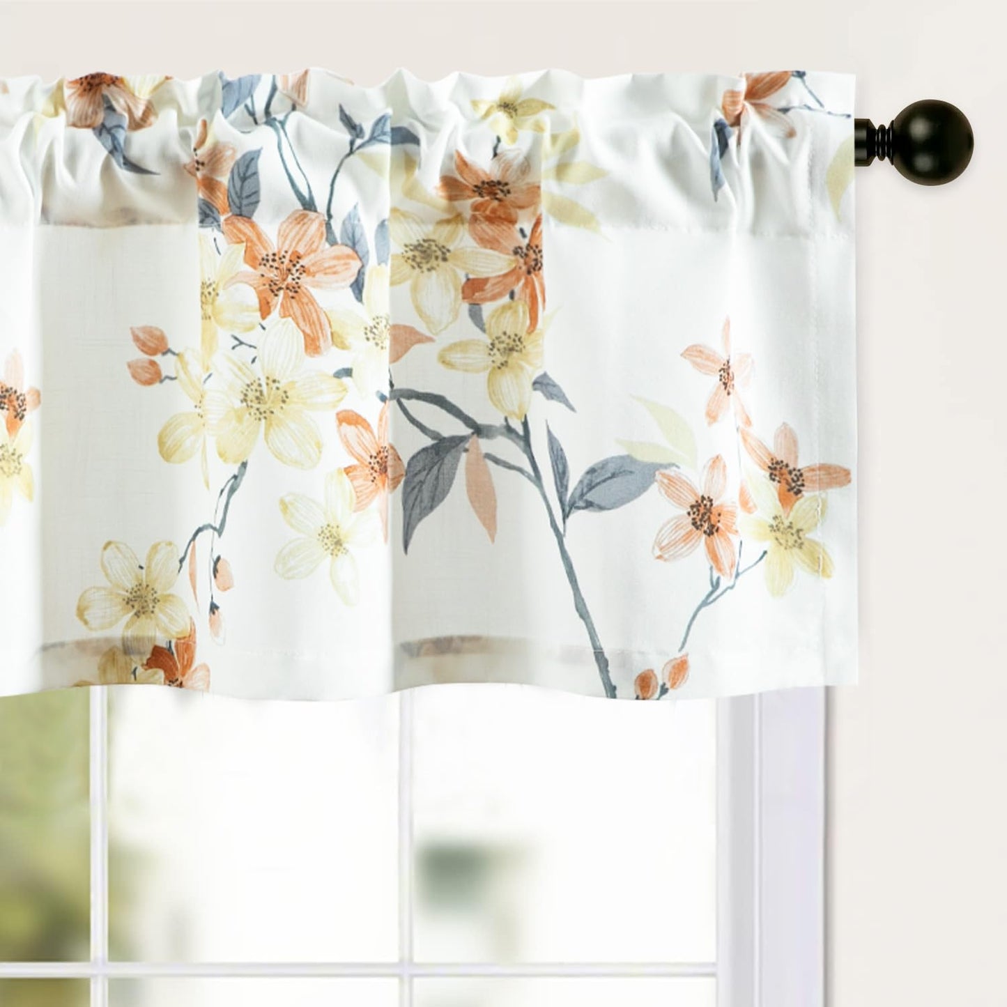 Leeva Farmhouse Kitchen Valances for Windows, Watercolor Blossoming Floral Print Curtains, Soft Faux Linen Curtain Toppers and Valances for Bedroom, 60 x 14 Inch, Brown & Grey, 1 Panel BST220