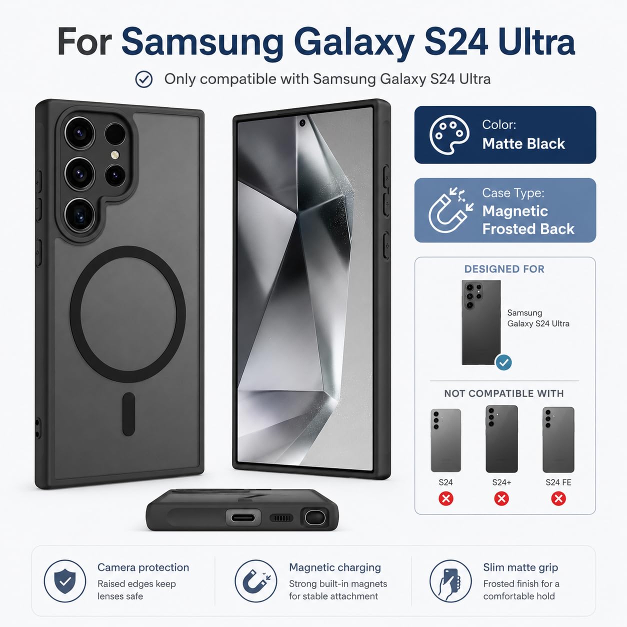 Anti-Fingerprints for Samsung Galaxy S23 Ultra Case Magnetic,[Full Camera Protection] [Compatible with Magsafe Accessories] Frosted Back Cover for Galaxy S23 Ultra 6.8", Black WN420