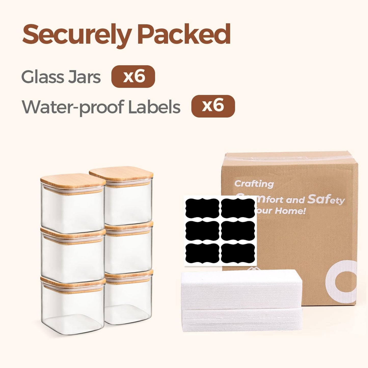 ComSaf 0.6 Qt Glass Food Storage Jars Set of 6, Clear Storage Containers with Airtight Lids, Pantry Organization Jar, Spice Jar, Blooming Tea, Coffee and Sugar Container, Canister Set for Kitchen BST220