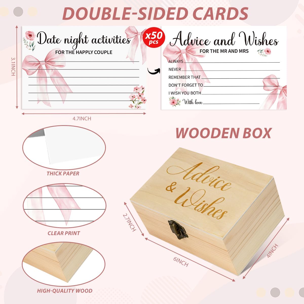 50Pcs Wedding Pink Bow Advice and Wishes Cards Box for The Mr and Mrs Wedding Bridal Shower Engagement Party Games Decorations for Reception BST202