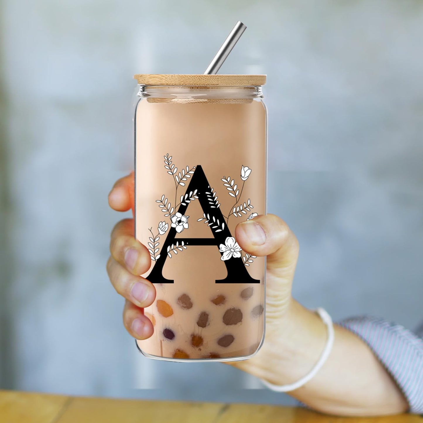 Monogrammed Initial Glass Cup with Lids and Straws gift for Women | Personalized Gift Set with Doll, 16 Oz Ice Coffee Cup ,reusable glass tumbler,Birthday Christmas Gift for Her,U WN420