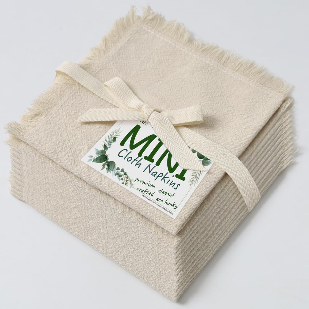 Eco Hanky 10x10in Reusable Small Cotton Napkins (Rustic Fringe), LPK,6pk | Ideal for Kids Napkins for Lunch, Suitable for Dinners, Weddings, Birthday, Cocktail Parties BST220