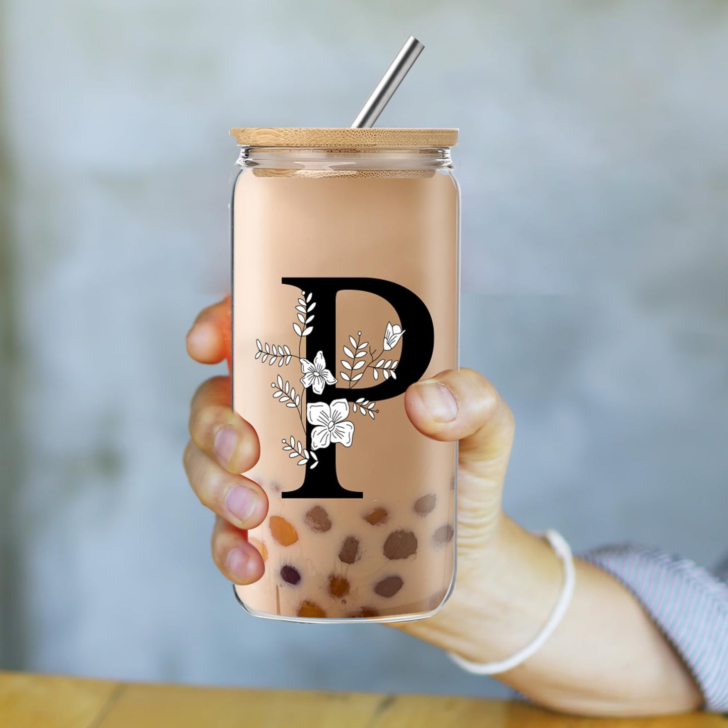Monogrammed Initial Glass Cup with Lids and Straws gift for Women | Personalized Gift Set with Doll, 16 Oz Ice Coffee Cup ,reusable glass tumbler,Birthday Christmas Gift for Her,U WN420
