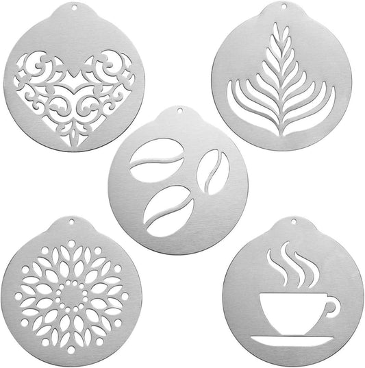 5Pcs Stainless Steel Coffee Decorating Stencils Metal Foam Latte Art Templates, Reusable Barista Cappuccino Chocolate Templates Coffee Garland Mould Cake Decorating Tool BST220