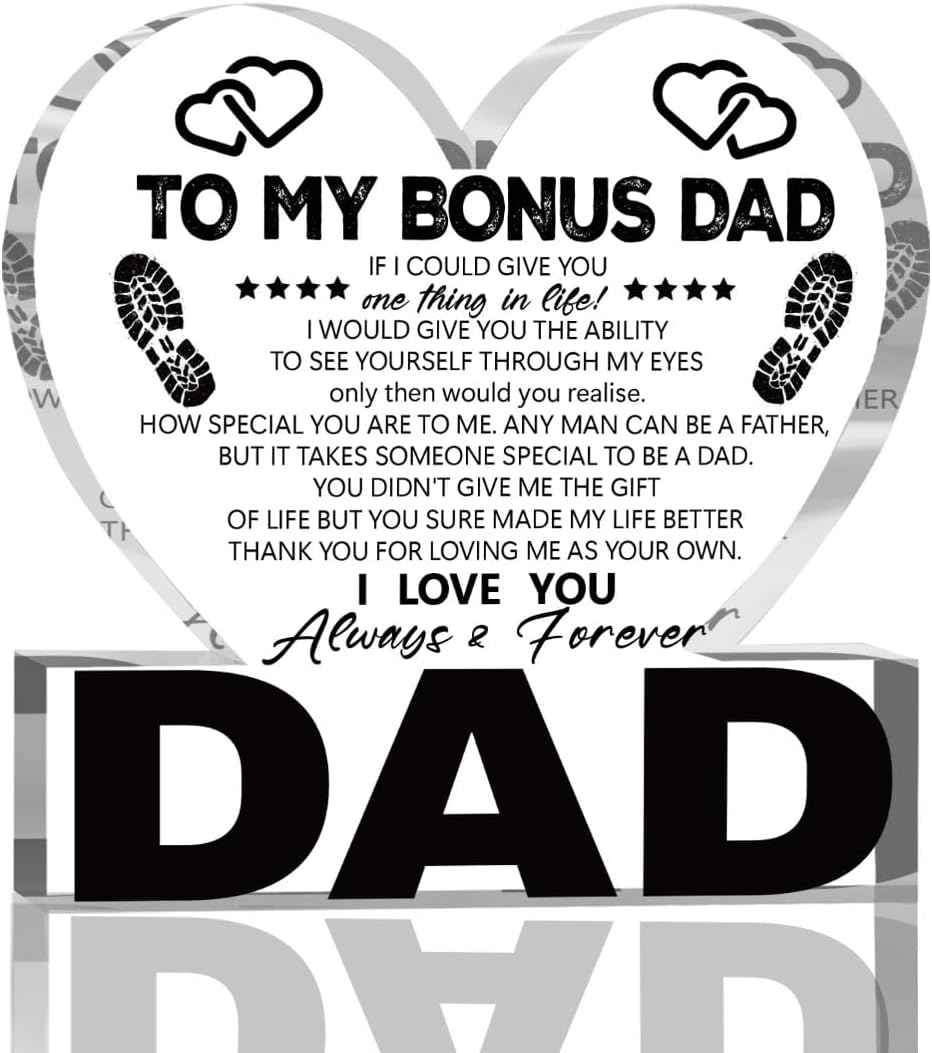 Fathers Day Bonus Dad Gifts Best Stepdad Gifts from Stepdaughter Stepson Funny Birthday Gift for Stepfather Heart Acrylic Sign Decor 4 X 4 Inches BST202