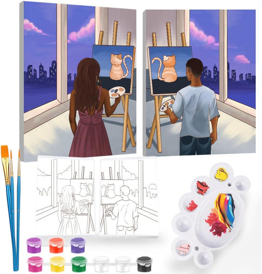 2Pcs Sip and Paint Kit for Adults,Valentines Couple Painting Kit Supplies Canvas, Pre Drawn Canvas to Paint for Date Night for Couples DIY Acrylic Painting Kits Party Favor 8×10 WN420
