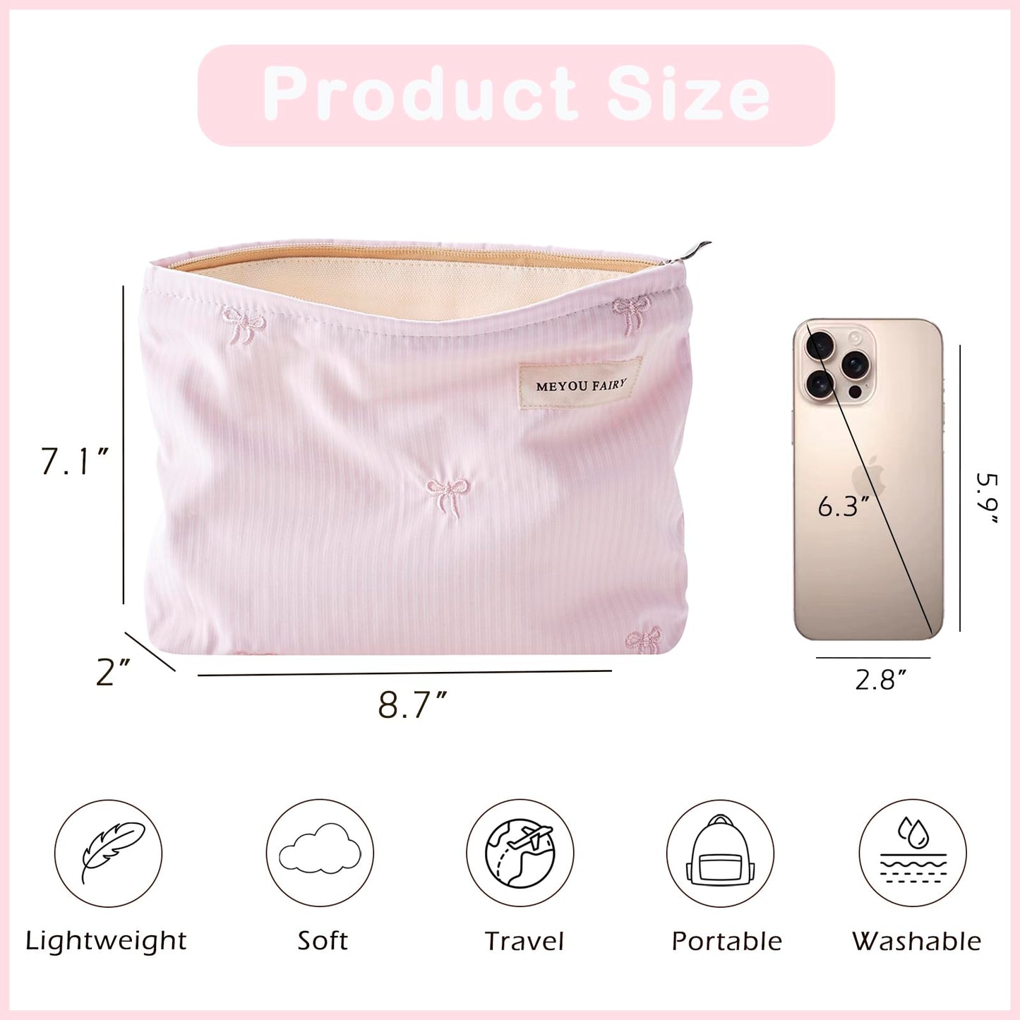 RSRSLEII Striped Makeup Bag for Women, White Cosmetic Bag with Bow, Travel Toiletry Cosmetic Bag with Zipper, Cute Women Aesthetic Organizer Storage Pouch, Girls Handbags Purses (06 White Stripe Bow) BST220