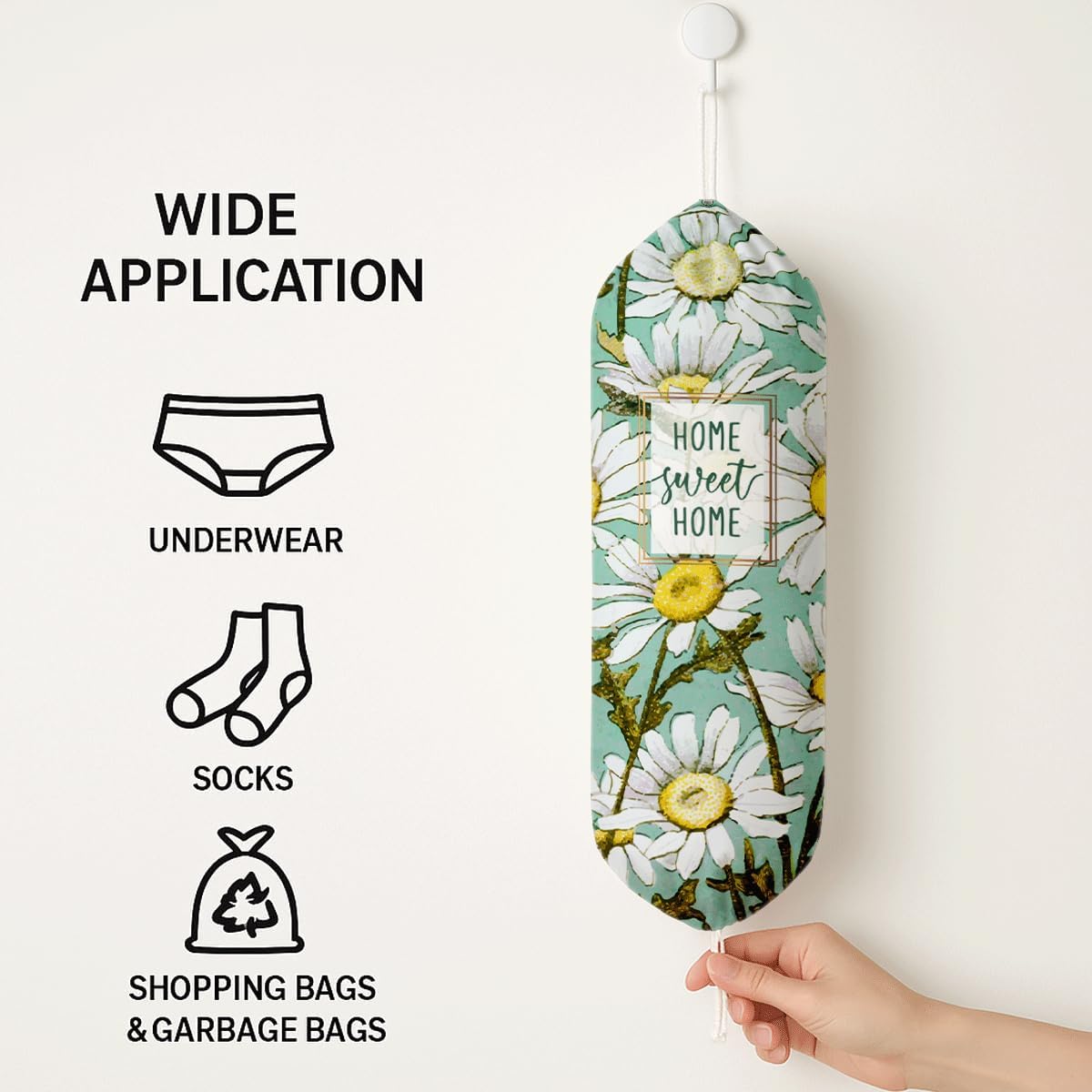 Daisy Plastic Bag Holder, Home Sweet Home Plastic Bag Holder, Bags Holders for Plastics Bags Groceries Store, Floral Reusable Grocery Sack Storage Dispenser for Kitchen Decor BST202