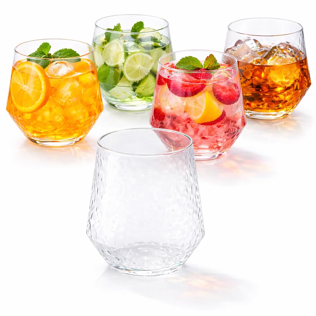 Oojami 40 Pack Diamond Disposable Plastic Wine Glasses 12oz for Parties | Stemless Wine Cups, Champagne Cocktail Whiskey - Shatterproof Unbreakable Reusable Recyclable BPA-Free, Weddings Birthday BST220