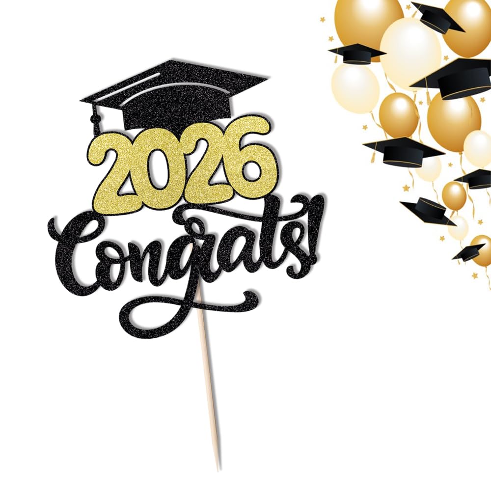 24Pcs Graduation Cupcake Topper, Glitter Class of 2026 Cupcake Topper Supplies for 2026 Congrats Grad Cap Diploma Cake Decor Graduate Celebration Party Cake Decorations Supplies (Black - 24) BST326L