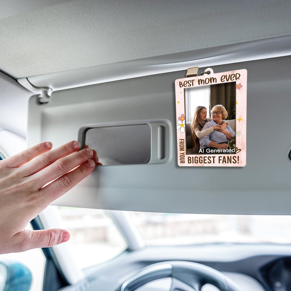 Mommy Birthday Idea, Best Mom Ever Photo Frame Car Decoration Gifts for Grandmother, Wooden Car Hanging Picture Frame, Holds 2 * 2.95 inches Photo BST202